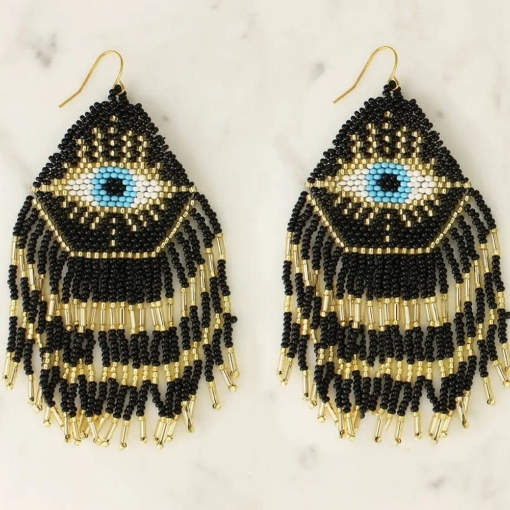 Black and Gold Beaded Eye Earrings